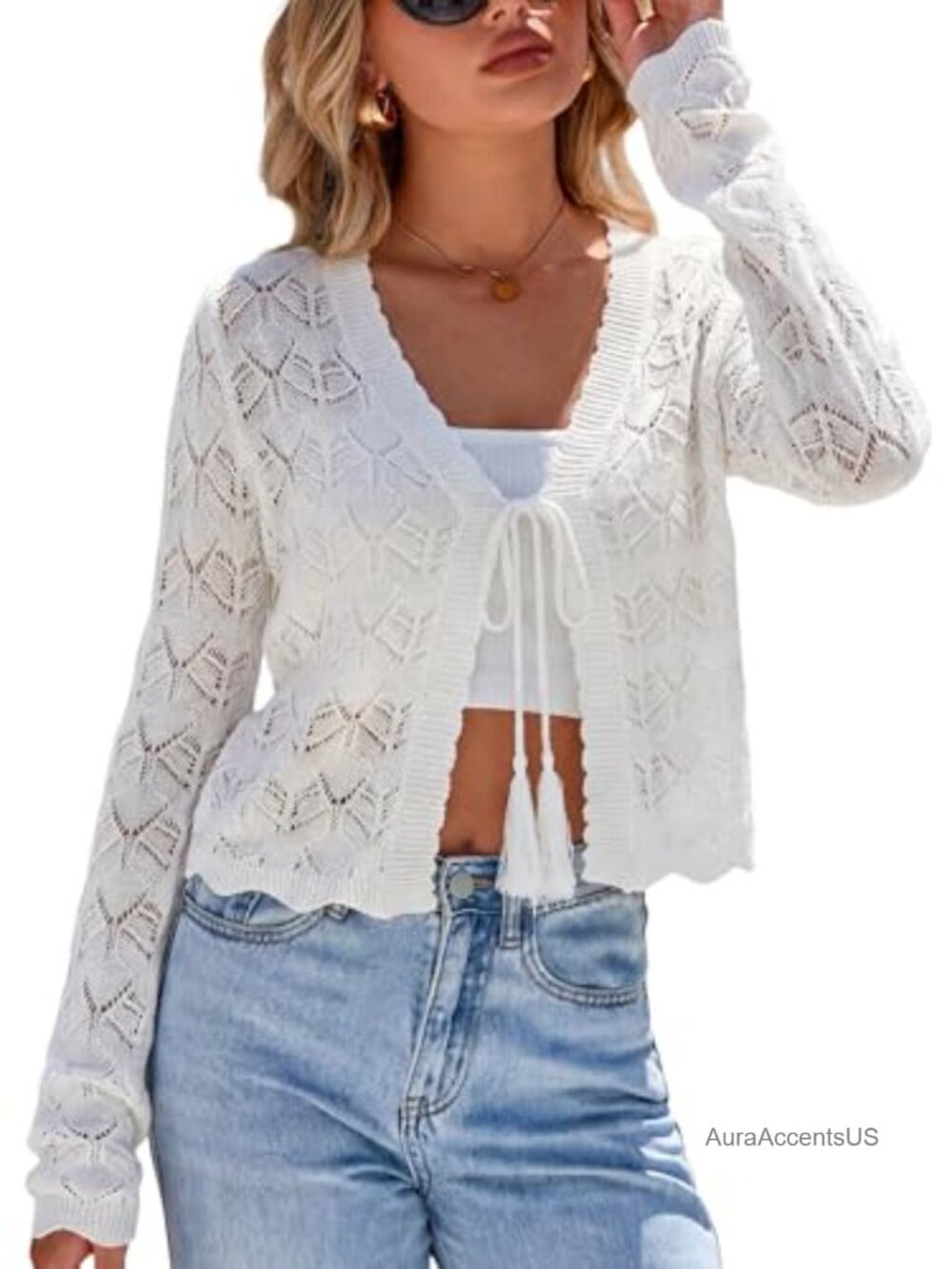Linen Blend Crochet Cropped Cardigan Tie-Front Shrug for Women